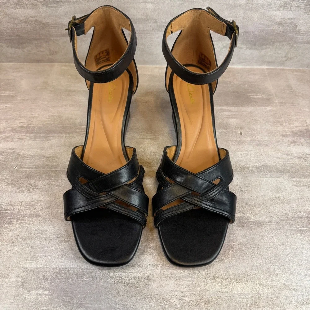 Clarks Womens Black Leather Strappy Wedge Sandals Ankle Strap Size 9.5
